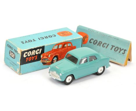 Corgi Toys 201 Austin Cambridge Saloon - turquoise, silver trim, spun hubs - Excellent Plus to Near Mint, in a Good blue card