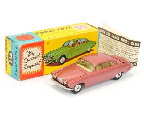 Corgi Toys 238 Jaguar Mark X - metallic cerise body, lemon interior, silver trim spun hubs Plus large and small luggage cases