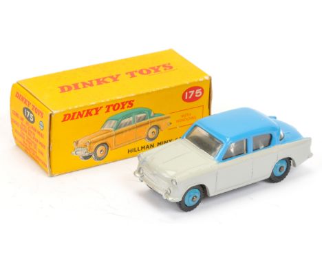 Dinky 175 Hillman Minx Saloon - two-tone light grey &amp; mid-blue body, mid blue ridged hubs - Excellent, small mark to roof