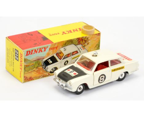 Dinky 212 Ford Cortina Rally Car - off white body, black bonnet, red interior, chrome roof light and spun hubs with treaded t