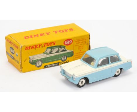 Dinky Toys 189 Triumph Herald - two-tone light blue and white, silver trim and spun hubs - Near Mint (couple of very minor ma