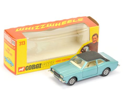 Corgi Toys 313 Ford Cortina "Graham Hill" - metallic aqua body, black roof and base, ivory interior and Whizzwheels - a few l