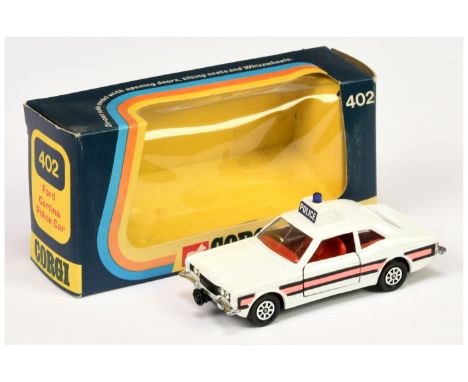 Corgi Toys 402 Ford Cortina "Police" Car - white body, red interior, black base, blue roof light and Whizzwheels - Excellent 