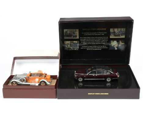 A pair of 1/43rd scale models (1) Bentley State Limousine with HM Queen presentation box, (2) CCC Rolls Royce Phantom II Maha