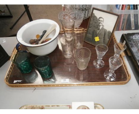 Tray inc Edwardian Etched Glass and an Enamel Potty etc