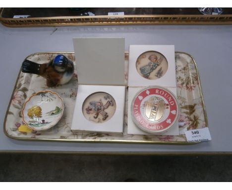 Tray inc Hummel Plaques, Spode Pin Dish, Goebel Bird and Wimpy Playing Cards