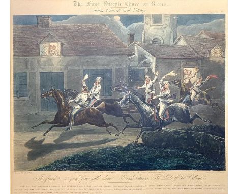 The First Steeple Chase on Record, set of four hand-coloured aquatint etchings, engraved by J. Harris after Henry Alken, Lond