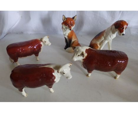 &nbsp;Bone China Royal Worcester hound and fox, 19cm high &amp; 3 times Beswick Bulls ( 5 ) &nbsp;All appear in good conditio