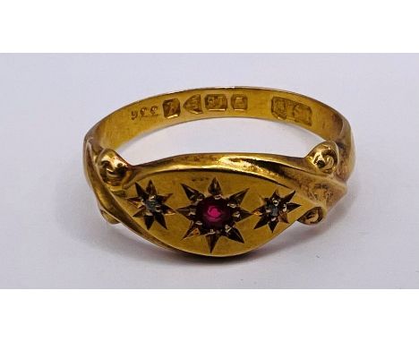 An 18ct gold gypsy set ruby and diamond ring. Approximate gross weight 2.3 grams. Size P.