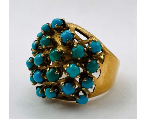 A turquoise set bombe ring, in yellow metal with Egyptian marks, Size K 1/2. Gross weight approximately 6.6 grams.