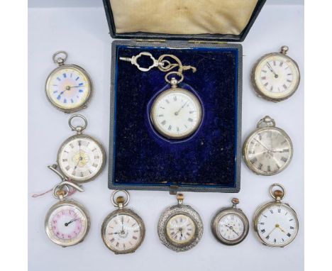 Ten various continental silver and other pocket/fob watches, many with attractive floral and foliate enamel dials with both R