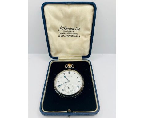 An Edwardian Sterling silver pocket watch by JW Benson of London in fitted case. A/f - crystal is detatched from the Bezel. W