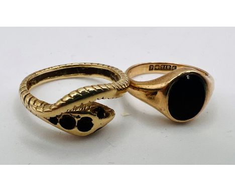 A 9ct gold bloodstone signet style ring, hallmarked for London. Size H, gross weight 3 grams; plus a&nbsp; snake ring (As fou