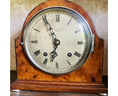 An Art Deco 20th Century walnut Mappin &amp; Webb, London, mantle clock, 16cm circular dial with Arabic numerals and two wind