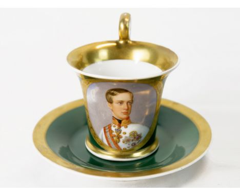 Tasse mit UntertasseAlt Wiendatiert (1)849Tasse mit einem Portrait von Kaiser Franz Josef I.Marke Bindenschild Alt WienTasse 