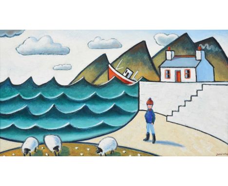 Jonathan Armigel Wade (b.1960)"Beside the Sea"Signed, inscribed to artist's label verso, oil on board, 34cm by 60cmSome light
