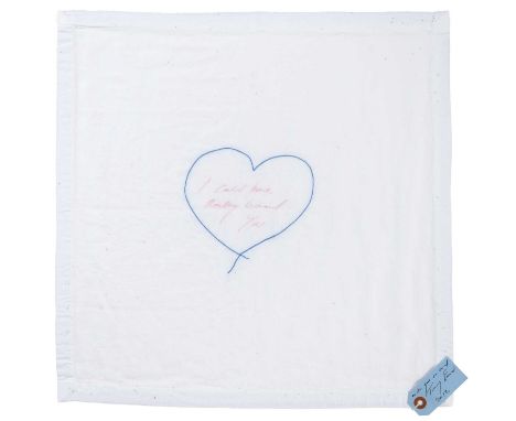Tracey Emin CBE RA (b.1963)"I Could Have Really Loved You" (2012)Embroidered linen napkin with hand signed and dated swing ta