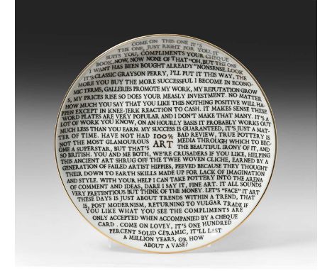 Sir Grayson Perry CBE RA Hon FRIBA (b.1960)"100% ART PLATE"China plate, with artist's seal printed to base, produced for York