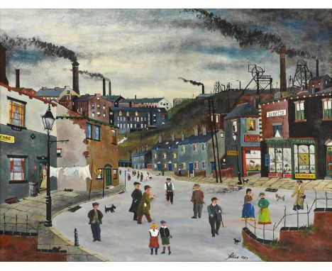 Allen Tortice (b.1948)Figures in a Northern TownSigned and dated 1987, oil on board, 56.5cm by 74cmIn an overall very good st