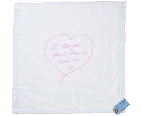 Tracey Emin CBE RA (b.1963)"I Felt You and I Know You Loved Me" (2012)Embroidered linen napkin with hand signed and dated swi