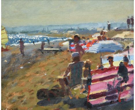 Ken Howard OBE, RA, RBA, NEAC (b.1932) Figures on a beach Signed, oil on canvas, 38cm by 35cmProvenance: Harrogate Fine Arts,