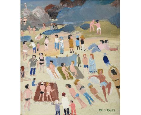 Fred Yates (1922-2008)  “Porthmeor Beach, St. Ives”  Signed, inscribed verso, oil on board, 34cm by 29cm   Provenance: David 