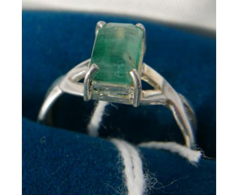 A boxed sterling silver and stepped-cut natural emerald ring, Size: P 1/2, 2.9g. 