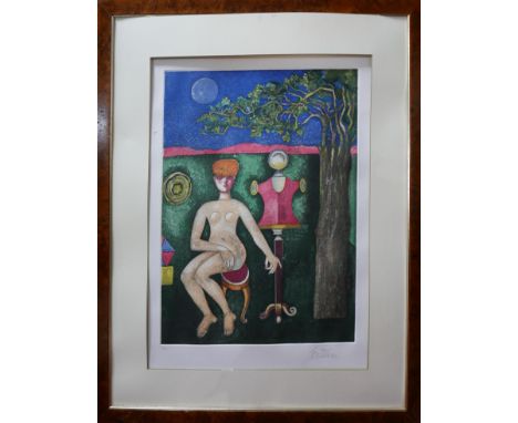 Franco Gentilini (Italian, 1909-1981), an imaginative realism portrait of a lady under a tree, coloured lithograph, signed an