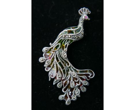 A sterling silver, marcasite and plique-à-jour enamel peacock brooch (hues of green, yellow and red), 6.5 x 4cm approx, 10g. 