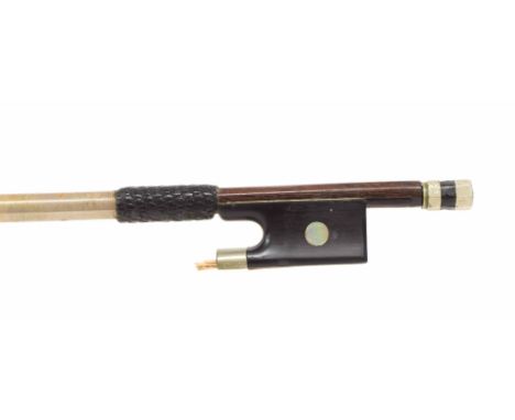 French nickel mounted violin bow by Charles Nicolas Bazin and stamped C Bazin, the stick round, the associated ebony frog inl