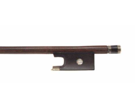 Silver mounted violin bow, unstamped, the stick round, the ebony frog inlaid with pearl eyes and the ebony adjuster with two 