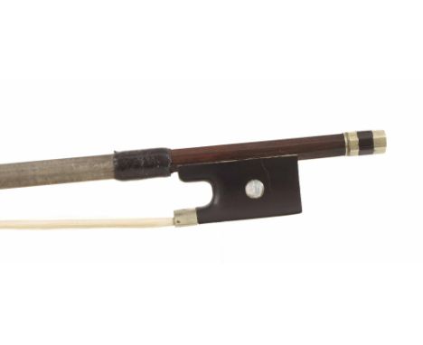 Nickel mounted violin bow, unstamped, the stick round, the ebony frog inlaid with pearl eyes and the ebony adjuster with two 