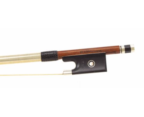 Silver mounted violin bow stamped Marc Laberte, the stick round, the ebony frog inlaid with silver rings enclosing pearl eyes