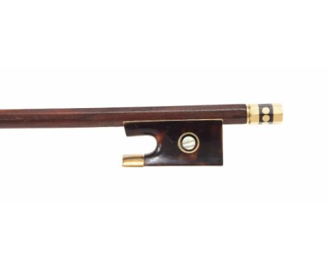 Interesting 19th century gold and gilt metal mounted violin bow, unstamped, the stick round, the tortoiseshell frog inlaid wi