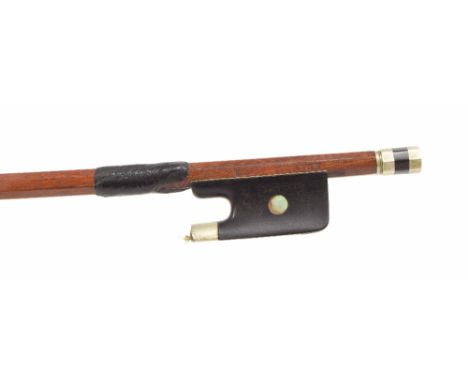 French nickel mounted violin bow by and stamped E. Marchand á Paris, the stick octagonal, the ebony frog inlaid with pearl ey