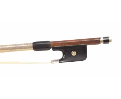 English Silver mounted violin bow for and stamped W.E. Hill on both sides of the handle, the ebony frog inlaid with pearl eye