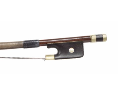 Nickel mounted double bass bow, unstamped, the stick round, the ebony frog inlaid with pearl eyes and the ebony adjuster with