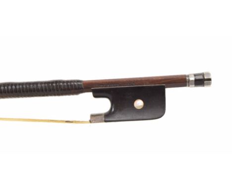 Silver mounted violoncello bow stamped Collin-Mezin.Paris, the stick round, the ebony frog inlaid with pearl eyes and the ebo