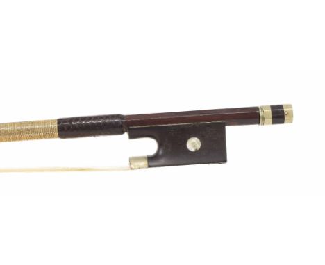 French nickel mounted violin bow by Joseph Gaude, unstamped, the stick round, the ebony frog inlaid with pearl eyes and the e