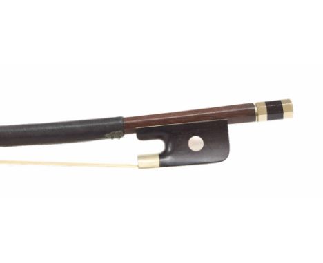 Nickel mounted double bass bow stamped Francois Lotte, the stick round, the ebony frog inlaid with pearl eyes and the ebony a