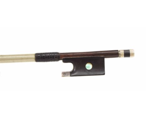 Good French silver mounted violin bow by Charles Nicolas Bazin, unstamped, the stick round, the ebony frog inlaid with pearl 