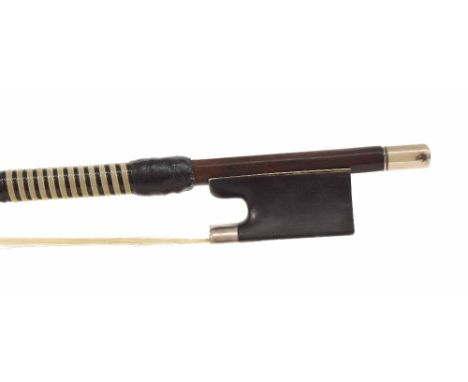 German silver mounted violin bow by and stamped Aug. Rau &amp; Sohn, the stick octagonal, the ebony frog plain and with a sil