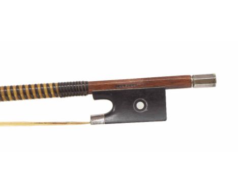 Silver mounted violin bow stamped Hart &amp; Son, the stick octagonal, the ebony frog inlaid with silver rings enclosing pear