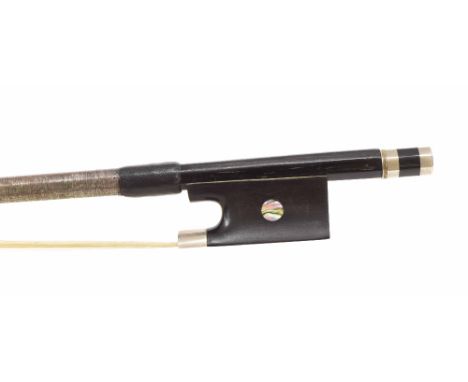 French silver mounted 19th century violin bow, unstamped, the stick round, the ebony frog inlaid with pearl eyes and the ebon