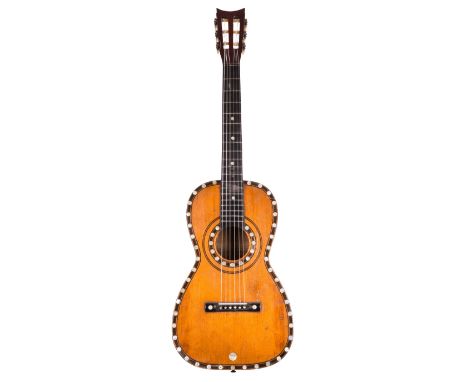 19th century small bodied guitar labelled 'Louis Panormo, London, anno 1845'; Back and sides: Brazilian rosewood, various hai