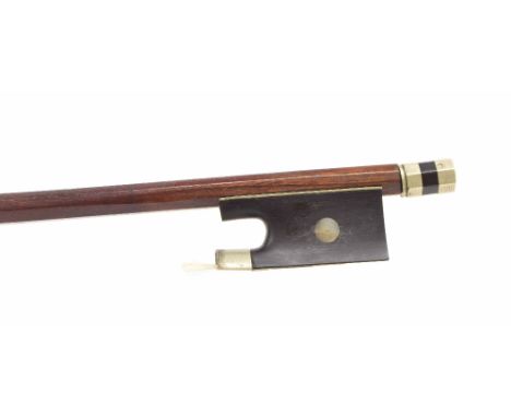 French nickel mounted violin bow of the Peccatte School, unstamped, the stick round, the ebony frog inlaid with pearl eyes an