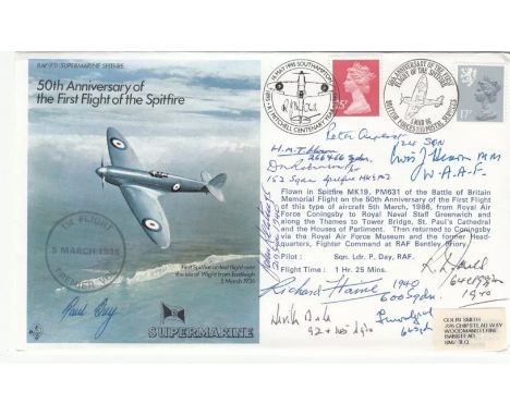 F1b 50th Anniv 1st flight Spitfire Signed 9 Battle of Britain Pilots, Crews WAAF. 5 Mar 86 BFPS 2110 50th Anniversary of the 