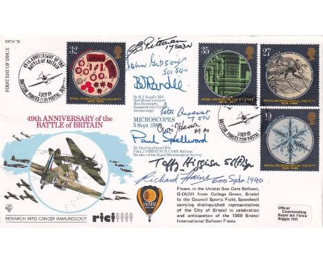 RFDC76 Flown FDC Signed by 6 Battle of Britain Pilots. 5 Sep 89 BFPS 2209. Postmark on Full Set Microscopes Stamps flown in t