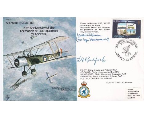B5 Signed by L H Rochford WW 1 Pilot and W A Wilkinson Battle of Britain Pilot. 22 Apr 86 Jersey Sopwith 1. 5 Strutter Flown 