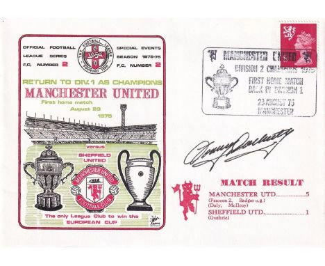 Return to Div 1 1975 Man Utd v Sheffield Utd Signed Tommy Docherty Manager. 23 August 75 Manchester Special Postmark Return t